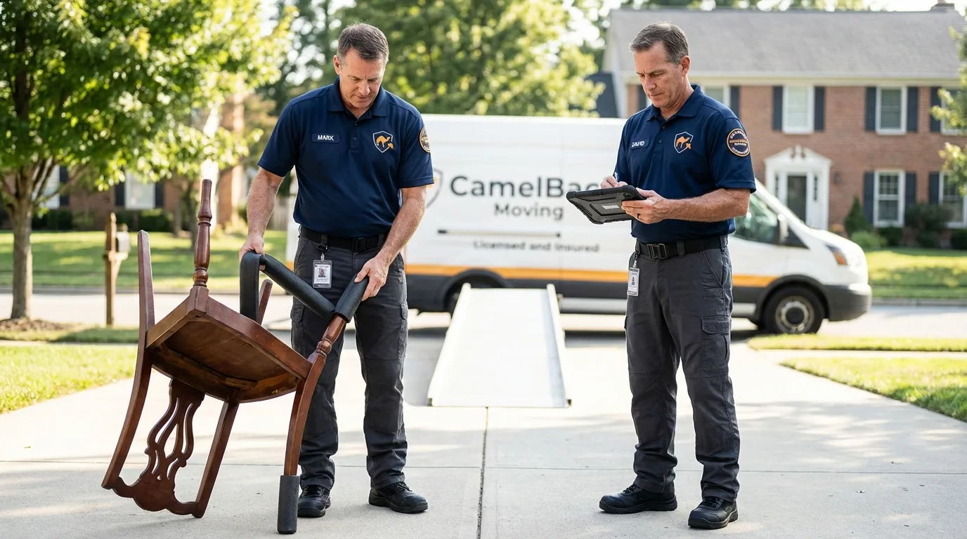 Movers inspecting furniture for damage prevention before loading in Chaparral, NM