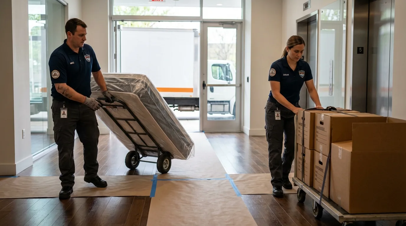 Professional apartment movers loading elevator in Chaparral, NM